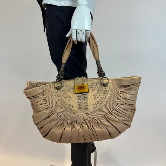 Vintage Christian Dior Beige Pleated Lambskin Leather Plisse Tote Bag - Picture 13 of 16